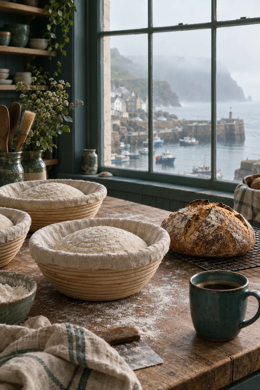 Sourdough rising in bannetons on a floured bakery counter, with a misty harbor beyond the window