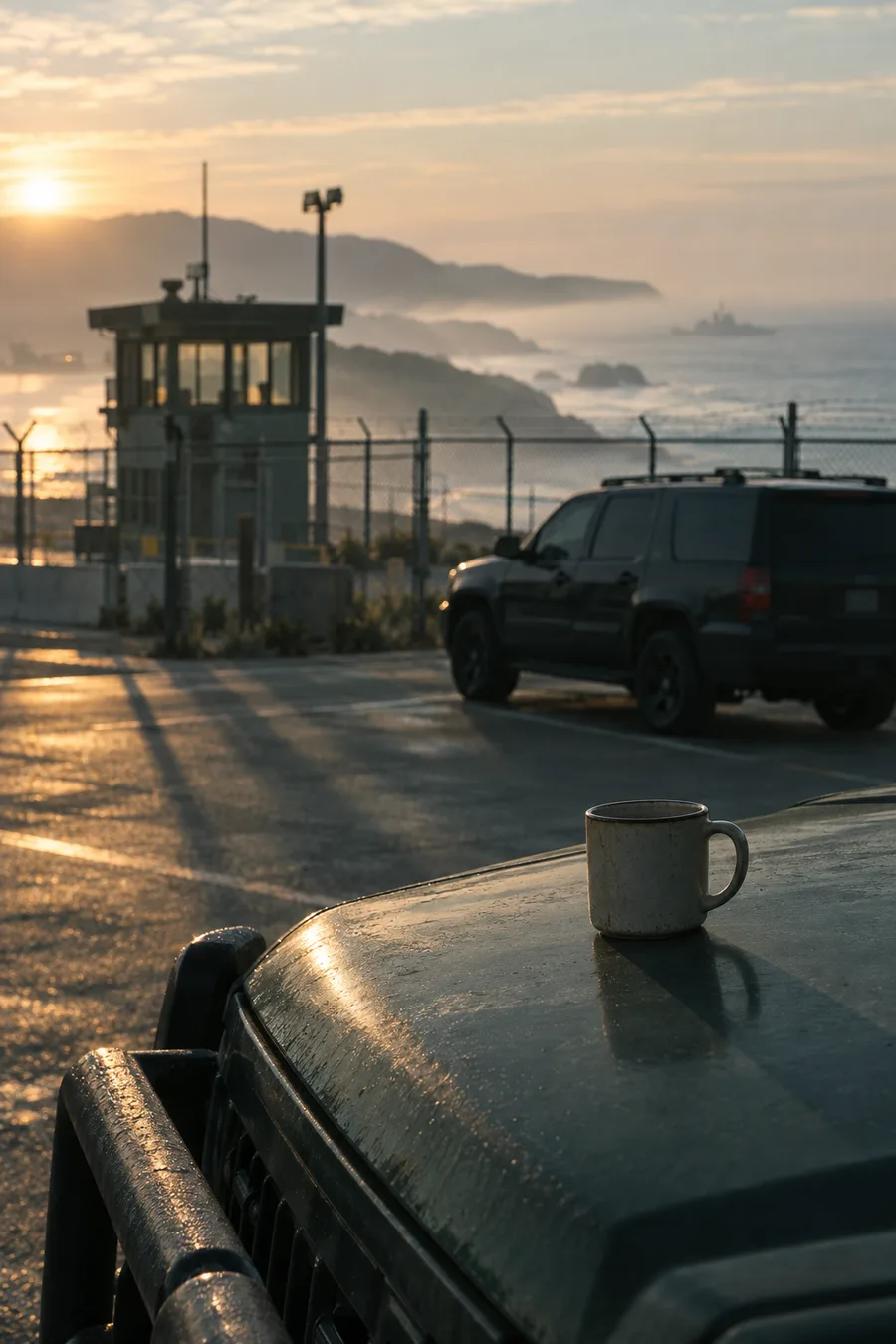 A dark SUV with tinted windows in a base parking lot at dawn, with a forgotten coffee mug on a truck hood in the foreground