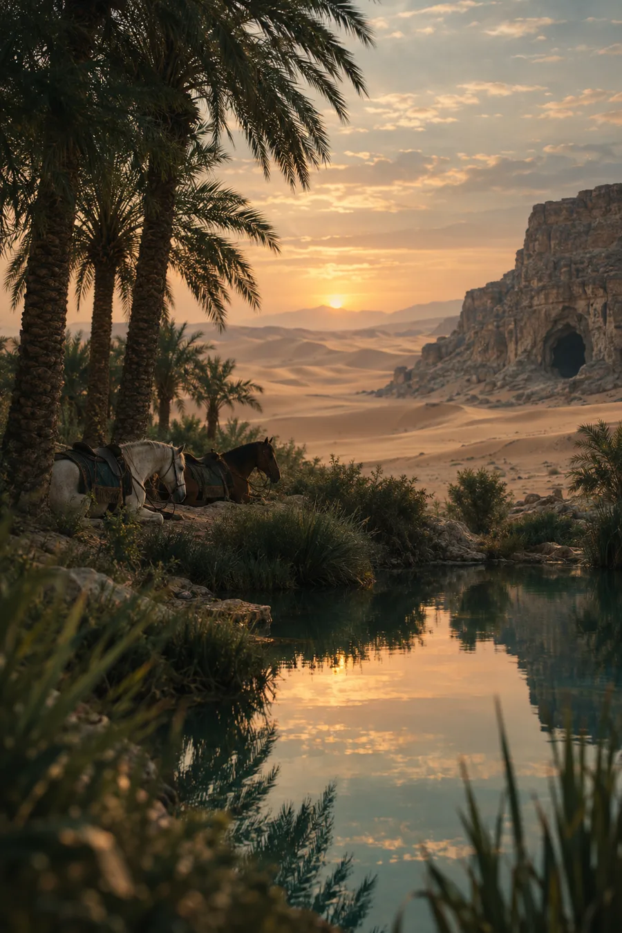 A desert oasis at dusk with palms, a still pool, two resting horses, and a cave opening in a distant cliff