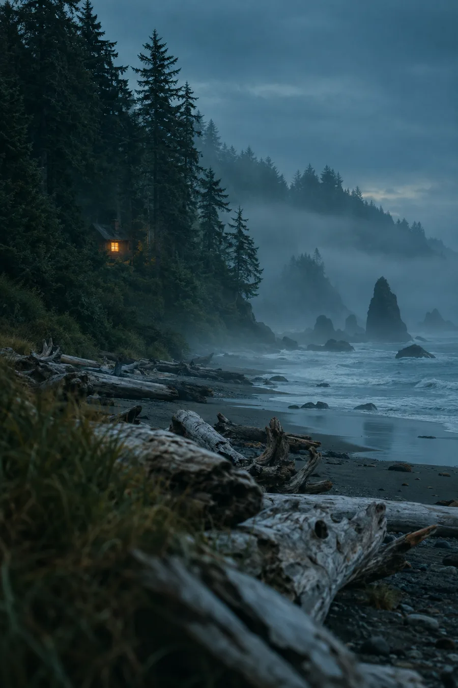 A misty Pacific Northwest shore with fir forest and driftwood, and one cabin window glowing amber through the fog