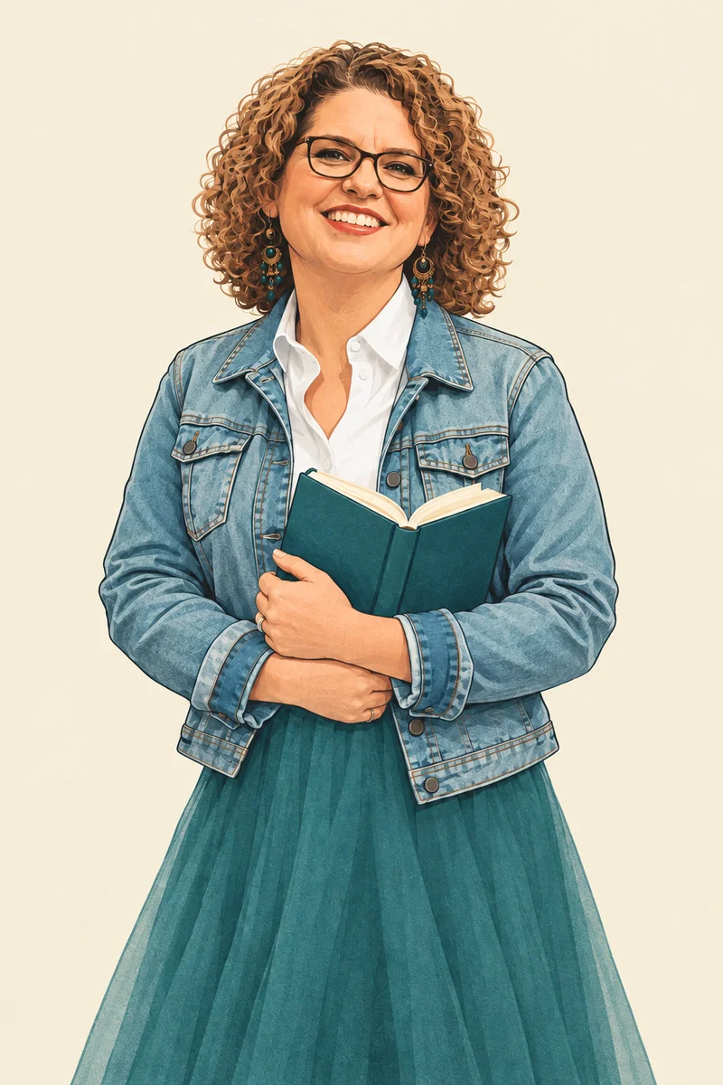 Illustrated portrait of Honor Warner smiling in glasses, a denim jacket and a teal skirt, hugging a book