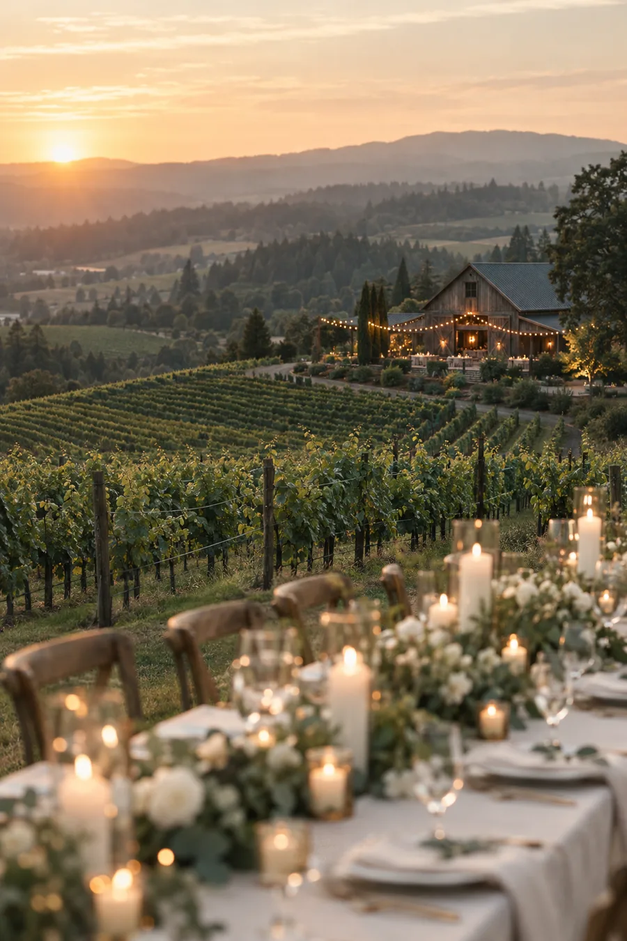 A candlelit reception table set among vineyard rows at sunset, with a string-lit barn venue in the distance